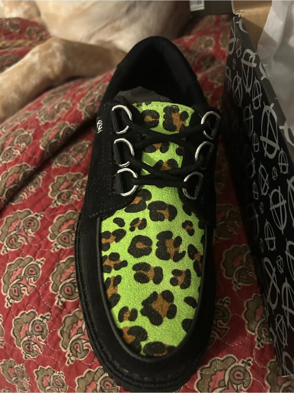 T.U.K Black Platform Creeper with Neon Green Leopard Print